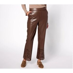 Isaac Mizrahi Live Pants Womens 10 Brown Regular Perforated Hem Faux Leather